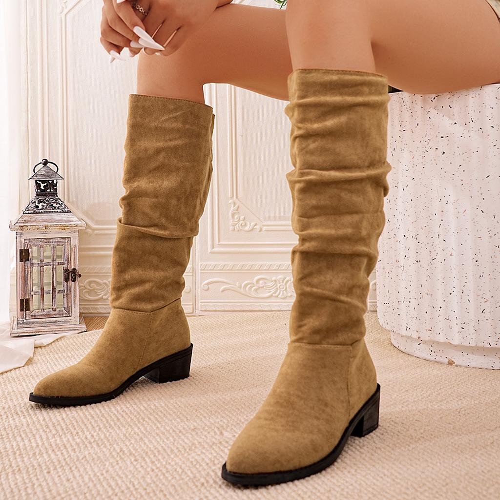 Autumn and Winter High Over Knee Boots Low Coarse Heel Round Head Skinny Black and Red Leopard Scrub Knight Boots