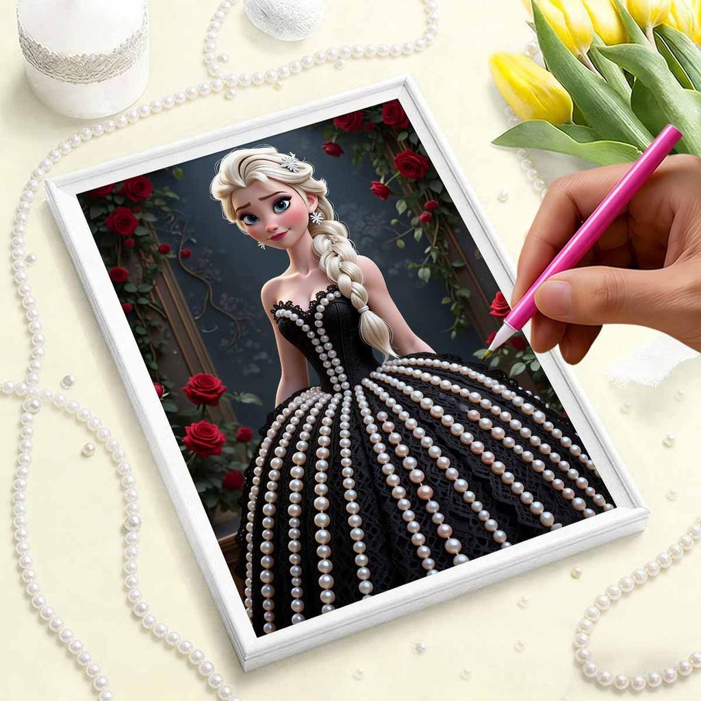 Disney Pearl Painting Princess Elsa Black Dress Rose Creative Art Exquisite Landscape Sparkling Painting Craft Home Wall Decoration DIY Handmade Gift