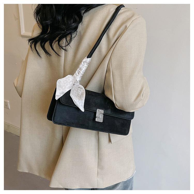 Fashionable Silk Scarf Faux Leather Shoulder Bag Trendy Baguette Square Purse for Women CLE