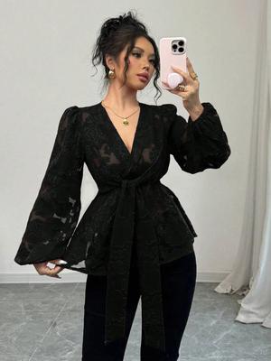 Women's European & American Fashion: Semi-Transparent V-Neck Long Sleeve Shirt for Spring & Autumn