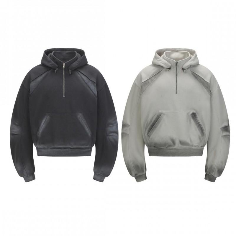 Unisex Distressed Half-Zip Hoodie With Patchwork Detail Oversized Cotton-Polyester Sweatshirt Streetwear