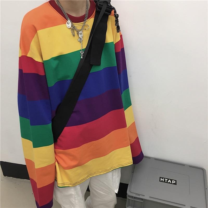 Scione Rainbow Striped Women T Shirts Harajuku Female Tops Long Sleeves Oversize O-Neck Casual T-shirts