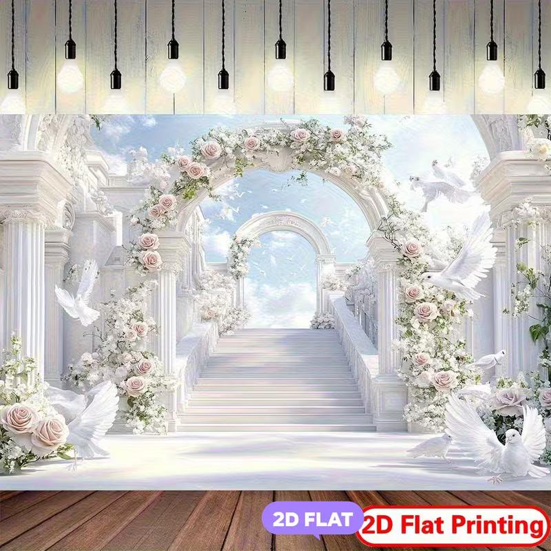 

2D Flat Printing Elegant White Archway Backdrop with Roses & Pigeons for Bridal Shower & Party 47.2x31.5inch/120*80cm
