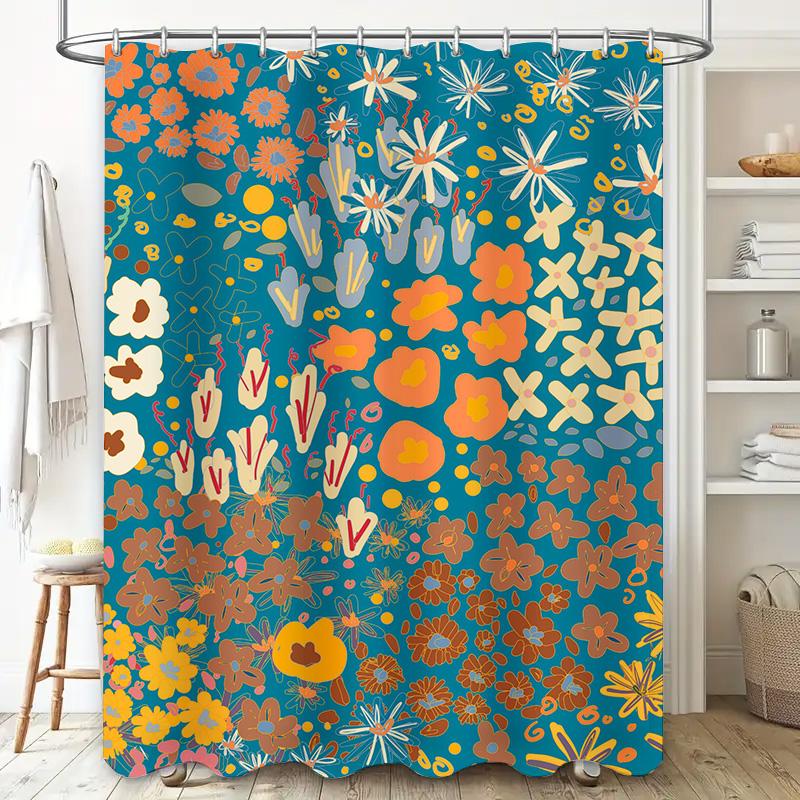 Bright Floral Printed Shower Curtain Waterproof Fabric Decorative Home Bathroom Accessory Modern Blue Orange Flower Design (210x