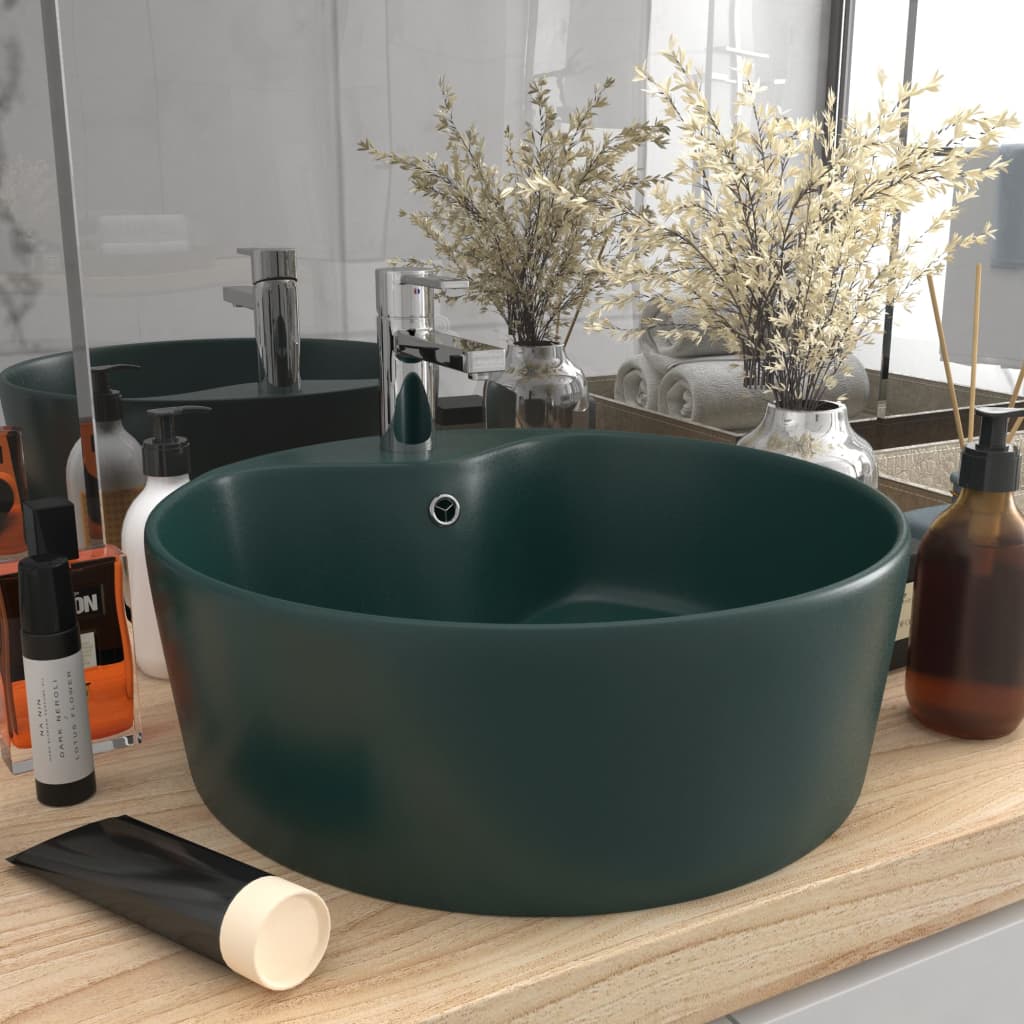 Luxury Wash Basin with Overflow Matte Dark Green 36 X 13 Cm Ceramic