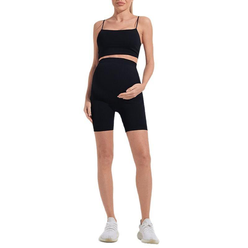 New Women Yoga Shorts Seamless Maternity Leggings Women's Threaded Waist Does Not Fall Off Maternity Pants Black Slim-fit Sports Five-point Pants