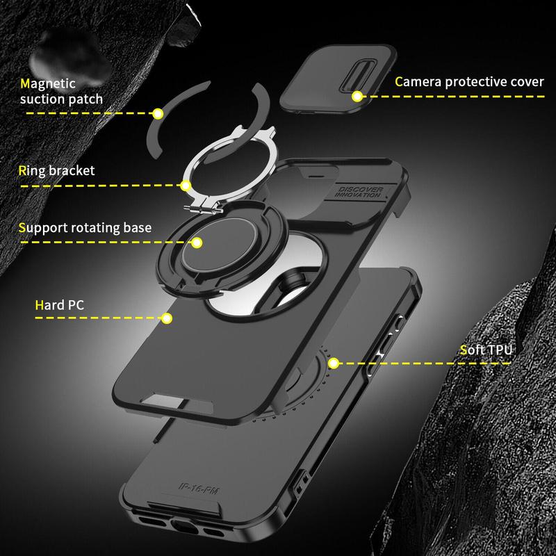 Suitable for iPhone 17 Pro Max 16 Pro 15 14 13 12 Pro Max with Slide Camera Protection Phone Case Rotating Ring Stand Shockproof Protective Cover for
