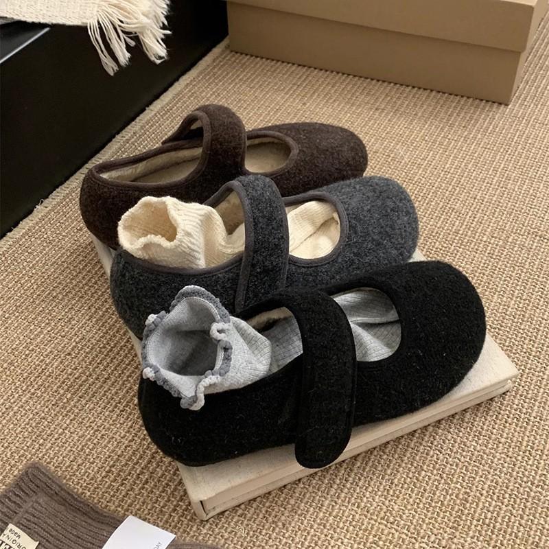 Gray~ very gentle and advanced! Hairy shoes women wear warm autumn and winter flat Mary Jane velvet cotton shoes