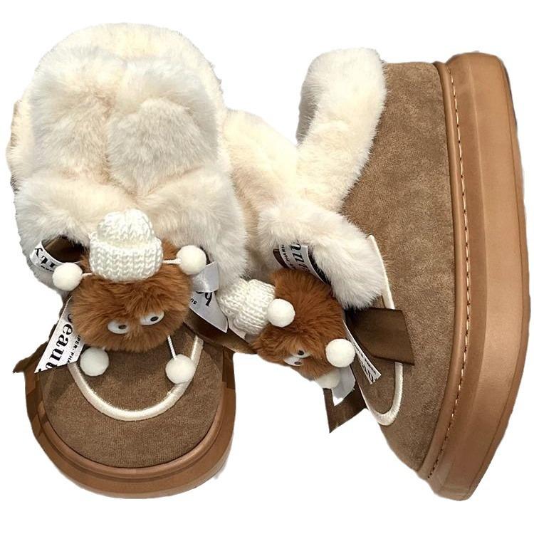 Cartoon Coal Ball Rabbit Ears Snow Boots Piled and Thickened Autumn and Winter Girl Thick-soled Snow Shoes Cotton Shoes