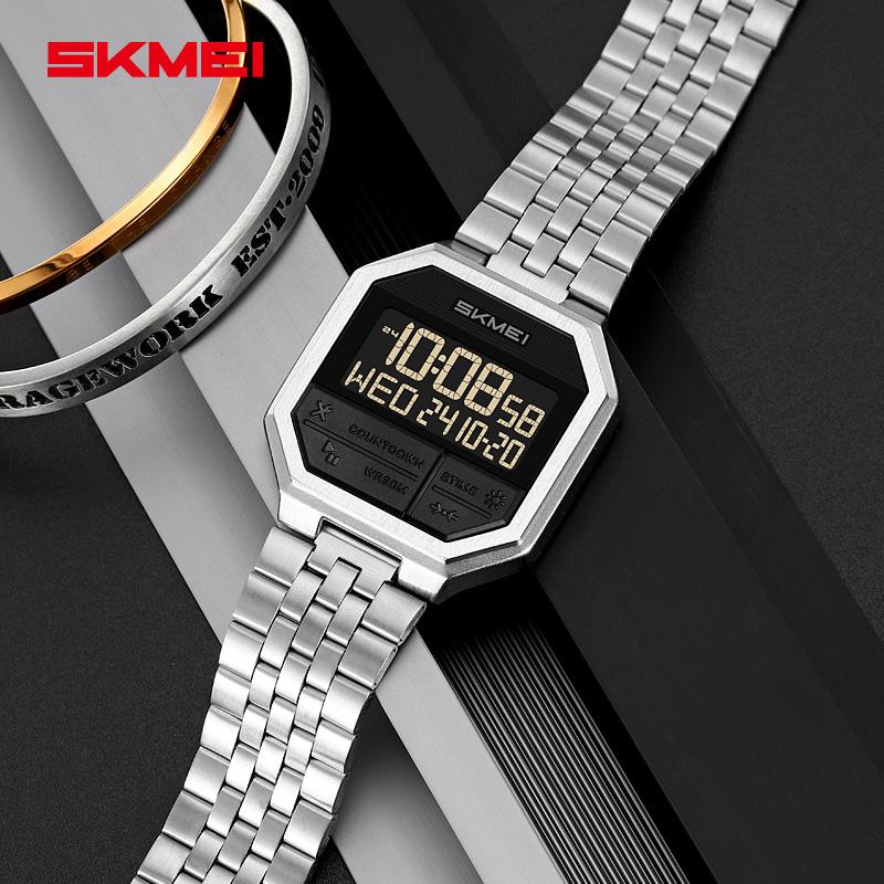 SKMEI 2350 Small Square Men's Electronic Watch Multifunction Business Style Steel Strap Waterproof Male Digital Wristwatch