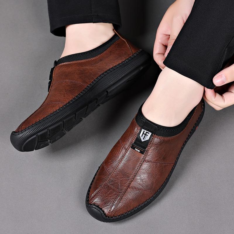 2025 Autumn New Men's One-pedal Cowhide Shoes Versatile Breathable Doudou Shoes Soft-soled Non-slip Driving Shoes
