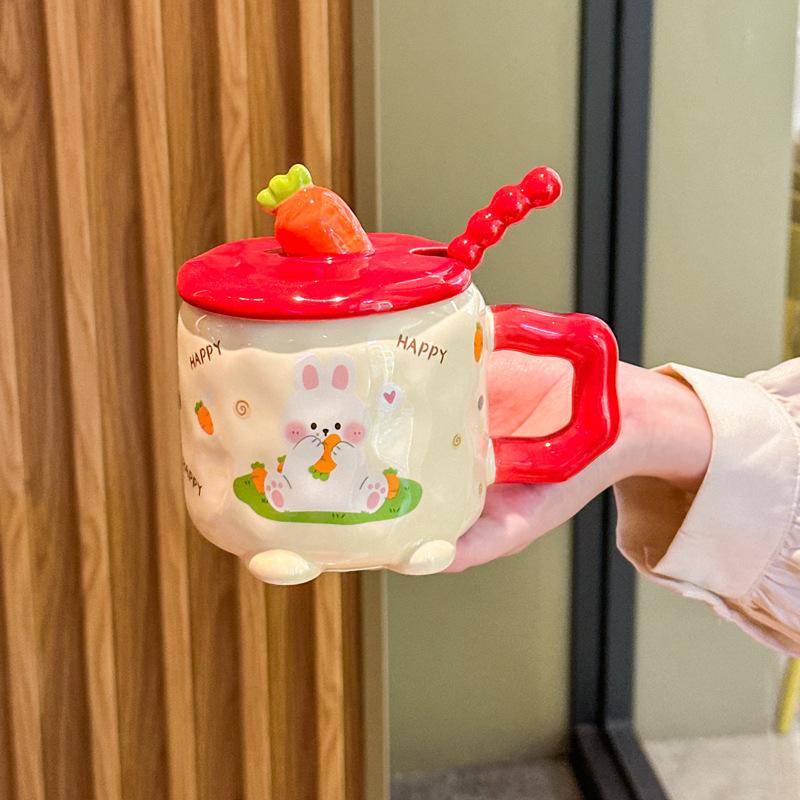Birthday Gifts for Girls Cute Radish Rabbit Ceramic Mug with Lid Spoon Girlfriend Practical Gift Souvenir