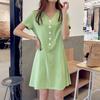 Summer new V-neck button short-sleeve dress, solid color, versatile elegant A-line skirt, slimming mid-length skirt