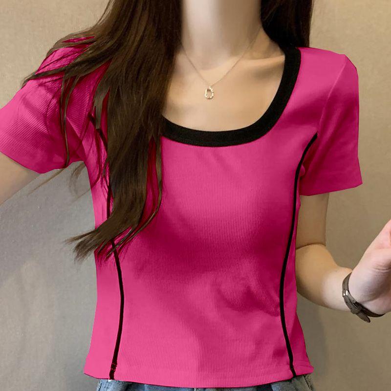 Summer New Square Neck Fashion Short Sleeve T-shirt Women Contrast Color Printing Casual Pullovers Pure Cotton All-match Tops