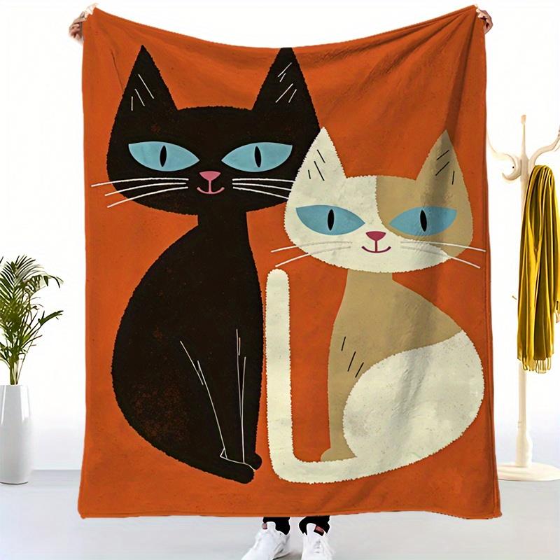 1pc Cozy Flannel Blanket - Heavyweight All-Season Soft Throw - Black   White Cat Design with Tabby   Tuxedo Patterns 130x150cm51x59in