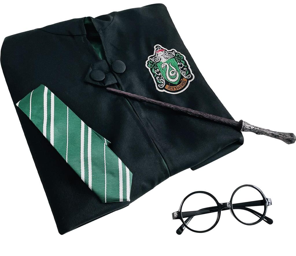 [Sutekus] Harry Potter Robe + Glasses + Tie + Magic Wand 4-Piece Full Costume Set, Unisex, School Style (Slytherin (Green), L (170~175cm))