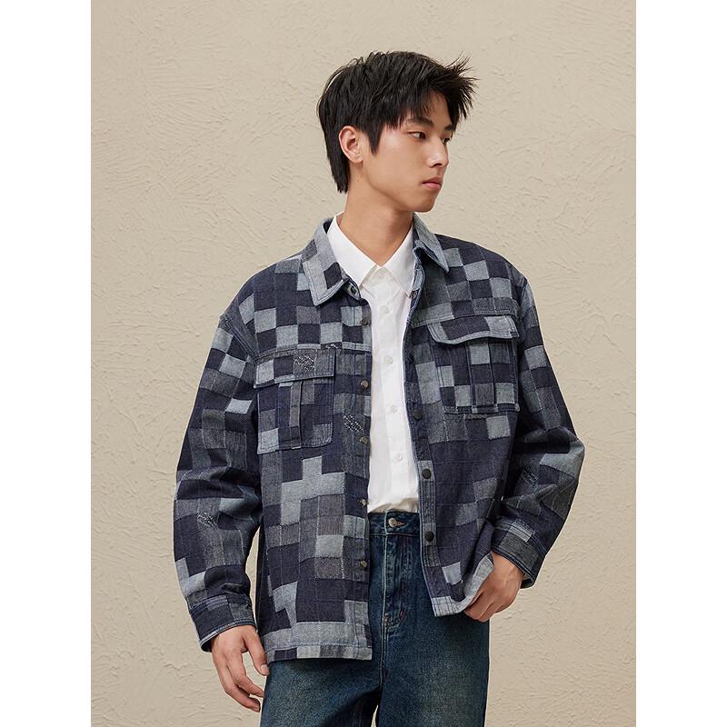 Veste en jean ample à carreaux et patchwork pour homme GXG
