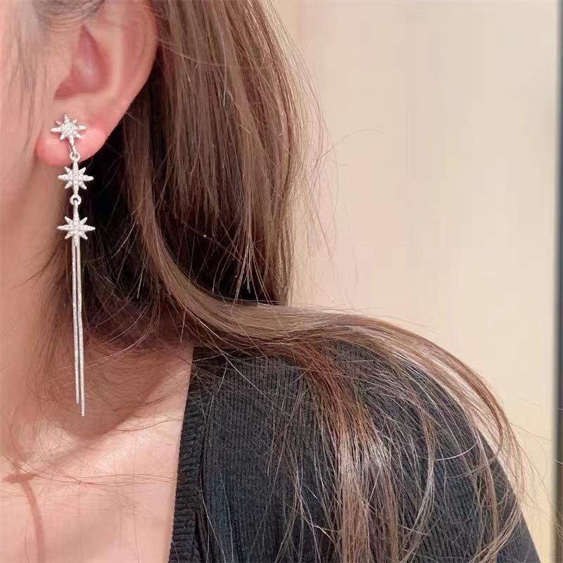 S925 Silver Starry Tassel Earrings: Elegant Eight-Pointed Star Design for Women