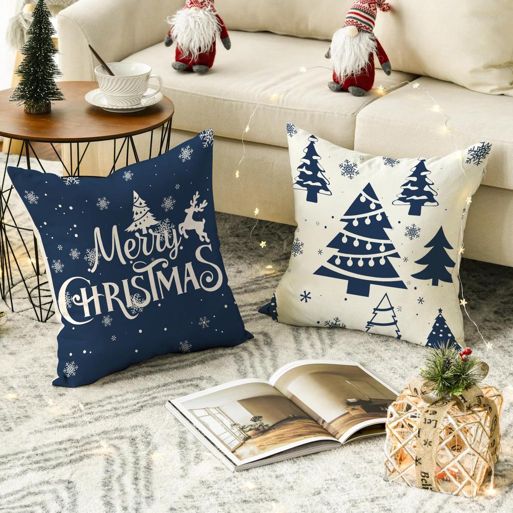 1 \ 4pcs blue Christmas pillow cover, single-sided printed cushion cover, suitable for living room sofas (without pillow core)