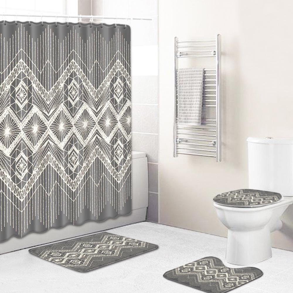 Retro Geometric Bathroom Four-Piece Waterproof Shower Curtain Bedroom Non-Slip Carpet Floor Mat Door Mat