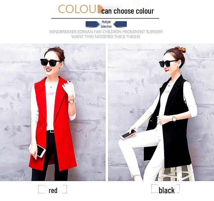 Women's Slim Fit Double-Breasted Vest with Shoulder Pads - Mid-Length, Sleeveless, Red or Black, Korean Style, for Spring and Autumn