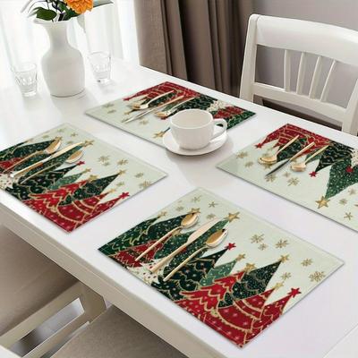 Christmas Tree Placemats Set of 4 Green Red Design Golden Stars Decor with Complete Knife Fork Spoon Cutlery Set Table Setting