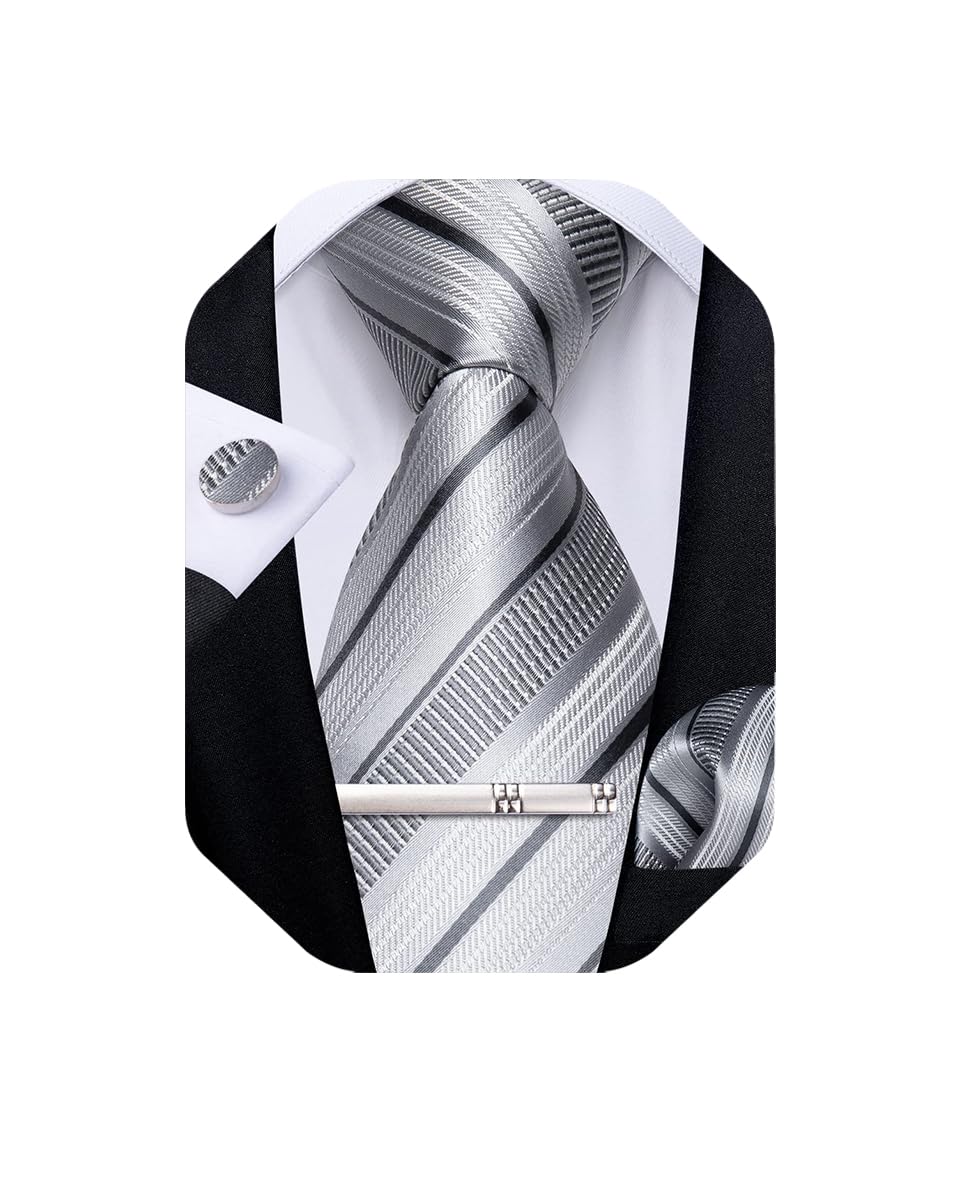 [DiBanGu] Luxury Tie, Silver Gray, Wedding, Striped, Pocket Square, Tie Pin, Washable, Easy Care