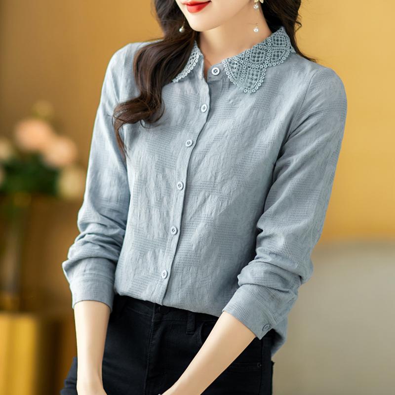 2023 Spring Women's Cotton Jacquard Shirt with Doll Collar and Long Sleeves