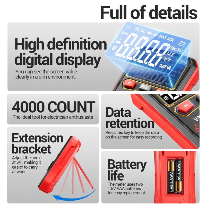 Digitalmultimeter mit berührungsloser Spannungserkennung, leicht zu tragen, Digitalmultimeter mit Data-Hold-Funktion für zu Hause