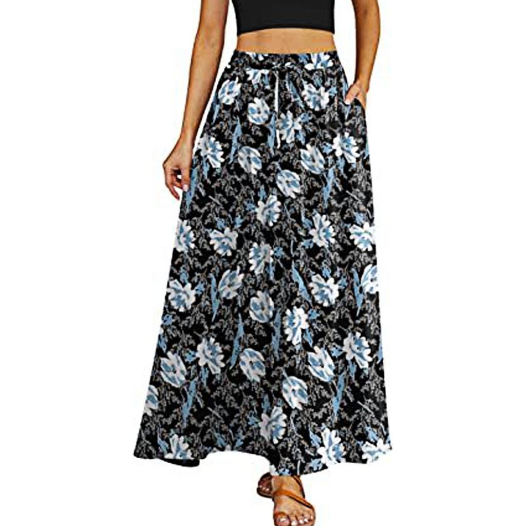 Yousheng Maxirock Verstellbarer Kordelzug Elastischer Hoher Bund Langer Rock mit Großem Saum Blumendruck Taschen Damenrock