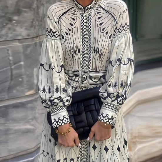 Yousheng Women's Long Sleeve Boho Midi Dress Loose Button Down A-Line Swing Dress Fall Casual Floral Print Beach Flowy Dress