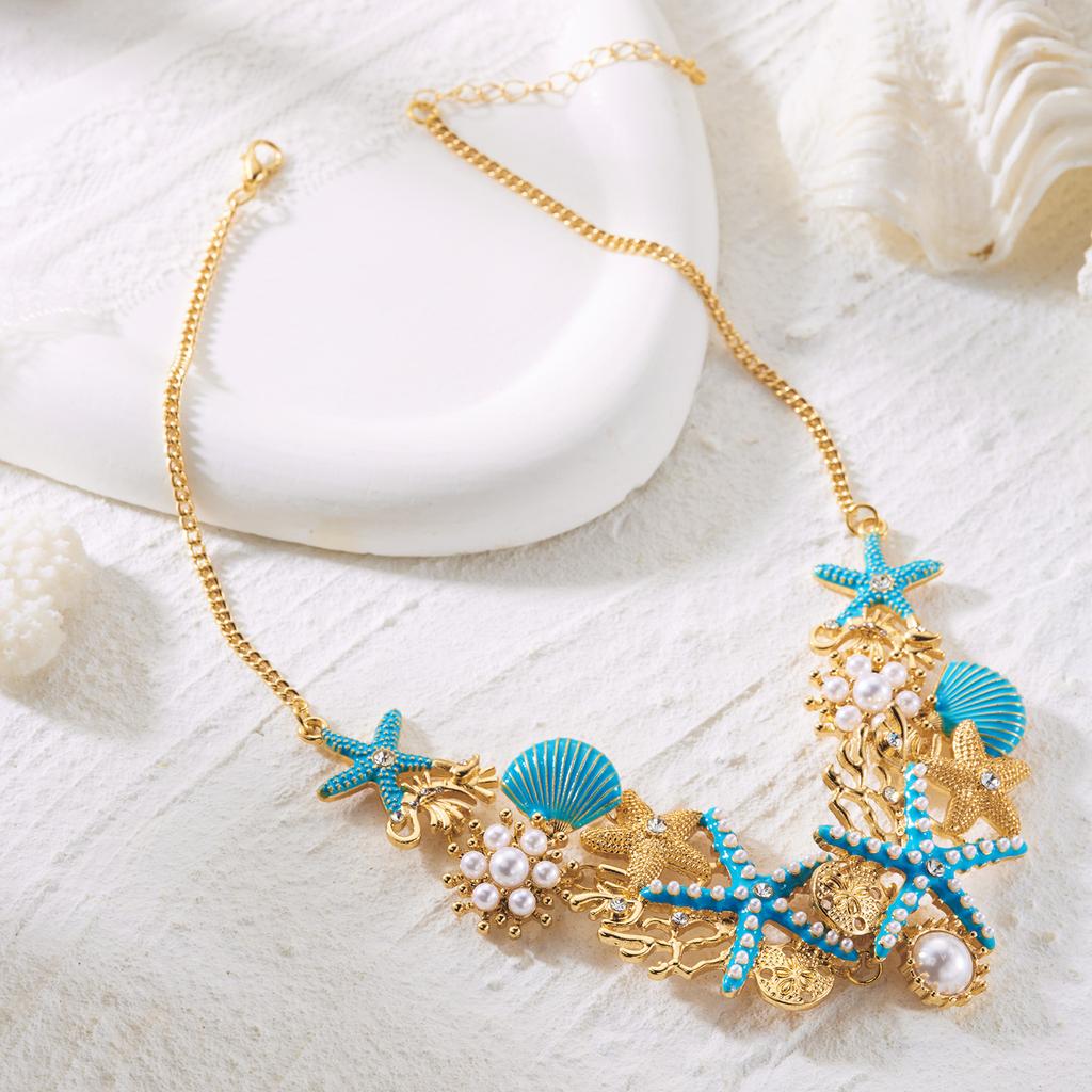 Boho Übertriebener Metall Seestern Muschel Perlen Halskette für Frauen Ozean Koralle Kammmuschel Anhänger Halskette Sommer Strand Schmuck Geschenk