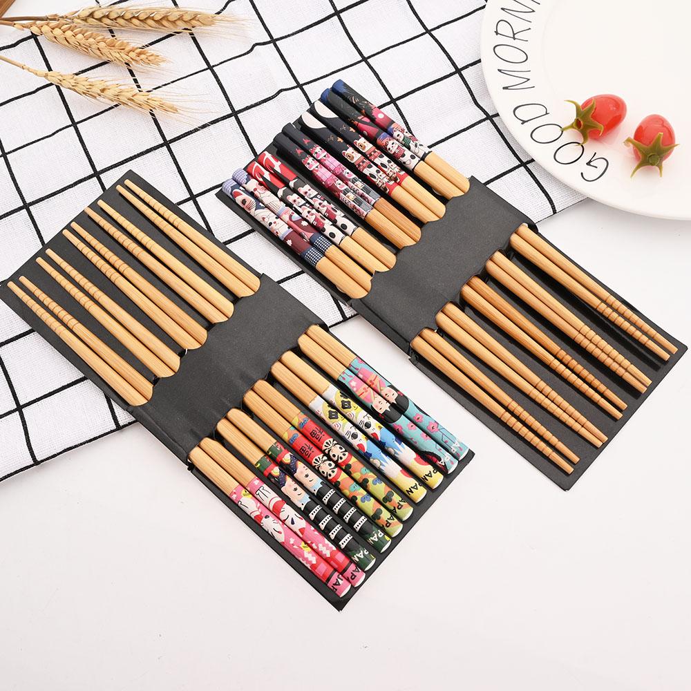 5Pairs Bamboo Chopsticks Household Long Chopsticks Family Pointy Cute Personality Bamboo Non-slip Set Tableware Gift Chopsticks