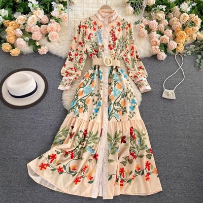 Autumn Sashes Flower Print Long Sleeve Dresses Women Button Vintage Maxi Dress Stand Collar Slim Waist Vestidos