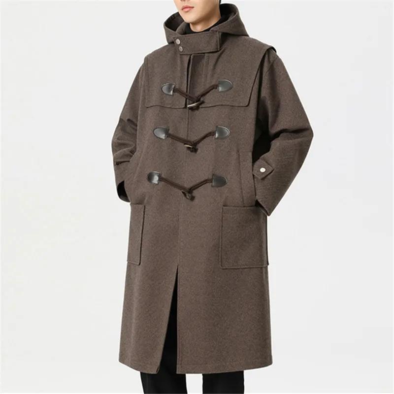 Herbst Winter Wollmäntel Herren Kapuze Trench Mode Locker Lässig Streetwear Lang Oberbekleidung Mantel Männlich Knopf Windbreaker