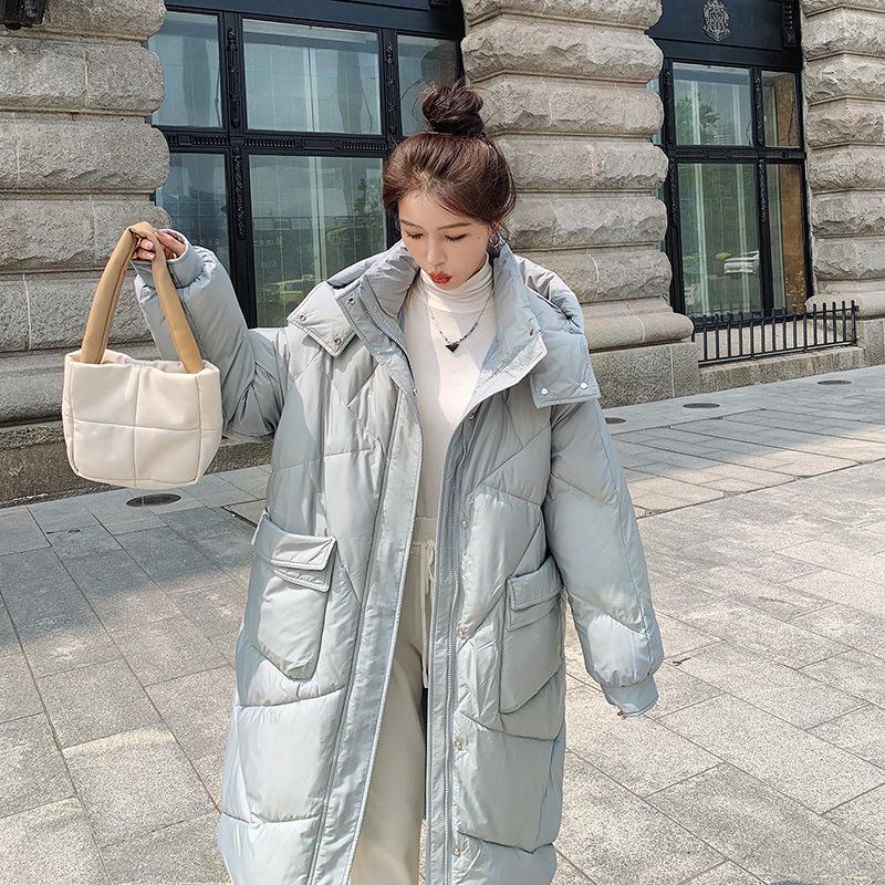 Jachetă largi de puf de toamnă și iarnă pentru damă, pardesiu îngroșat până la genunchi, cu glugă, culoare solidă, din bumbac