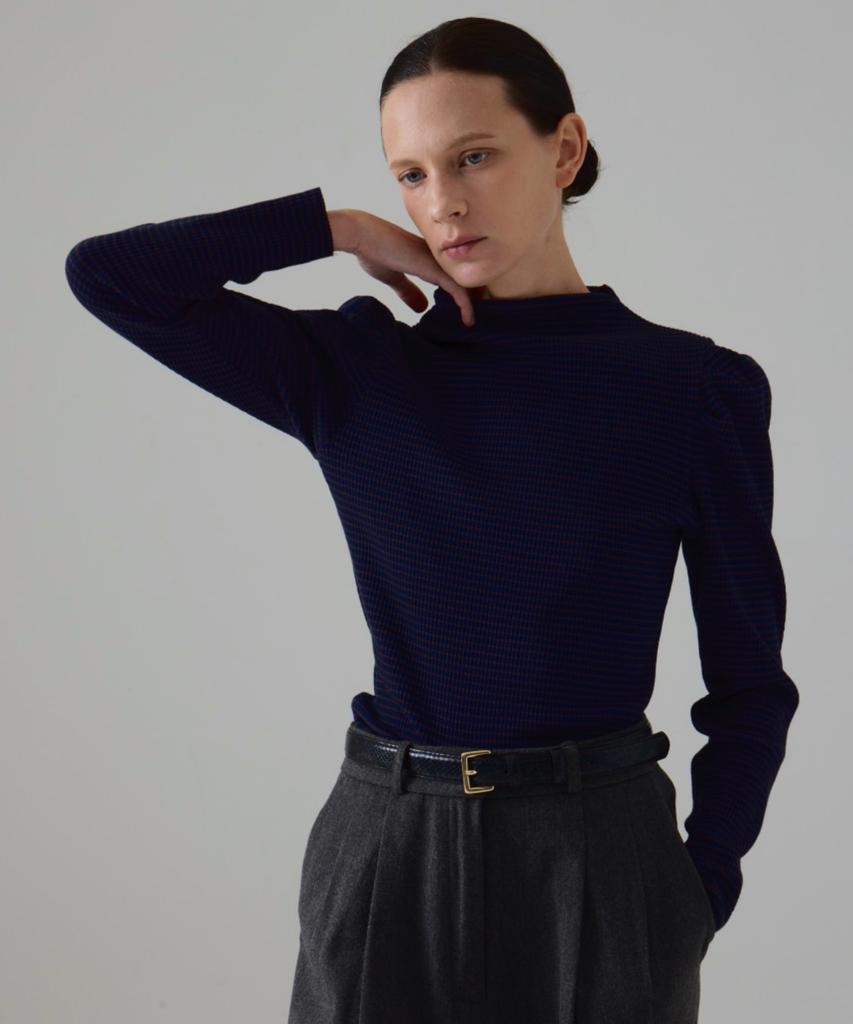 Owaiwai Ribbed Puff Half-Neck T-Shirt_Stripe Navy