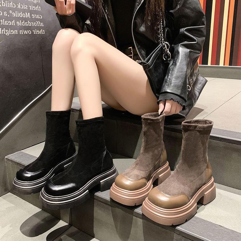 Platform Short Boots Women's New Autumn and Winter Elastic Thin Boots Retro British Martin Boots Chelsea Single Shoes