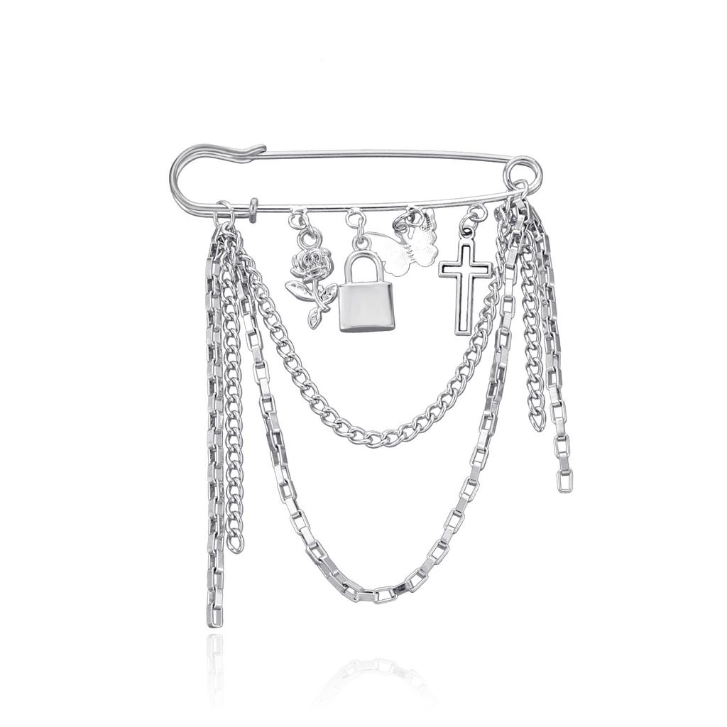 Multi-element Lock Cross Brooch, Retro Trendy Metal Chain Pin Accessories