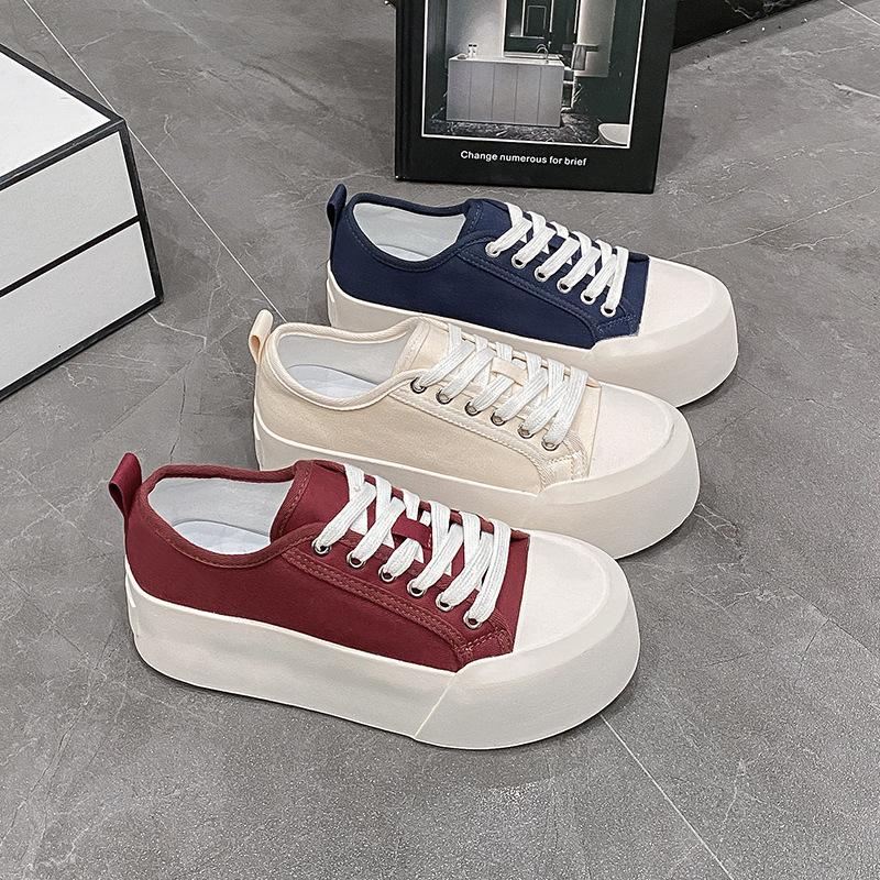 European station thin canvas shoes women's 2025 autumn new one-pedal round head lace-up non-slip thick-soled casual board shoes