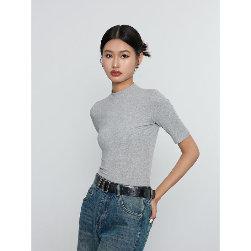 

Ouusph Women s Half Turtleneck Summer Casual Knitting Short Sleeve T-Shirt Melange gray S
