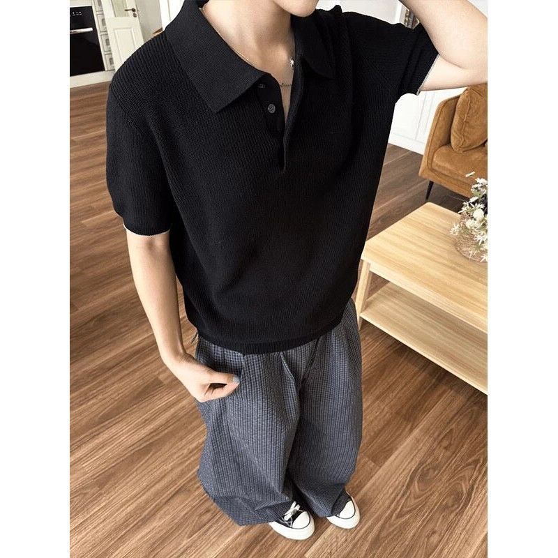 Polo Noir Homme Manches Courtes Tricoté Haut Décontracté Confortable Coupe Régulière Tenue Quotidienne Streetwear
