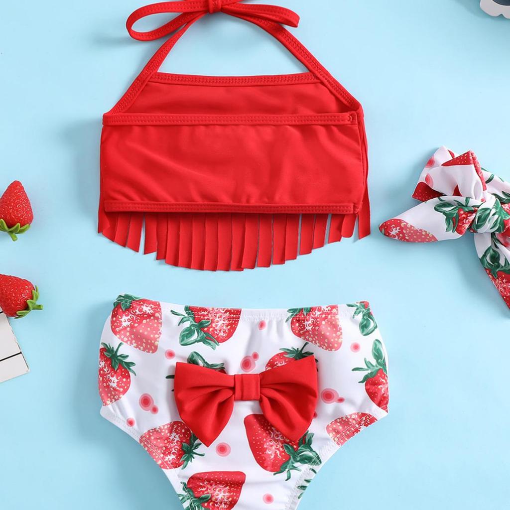 2024 Summer Girls' Baby 3-Piece Tassel Halter Sports Swimsuit Set