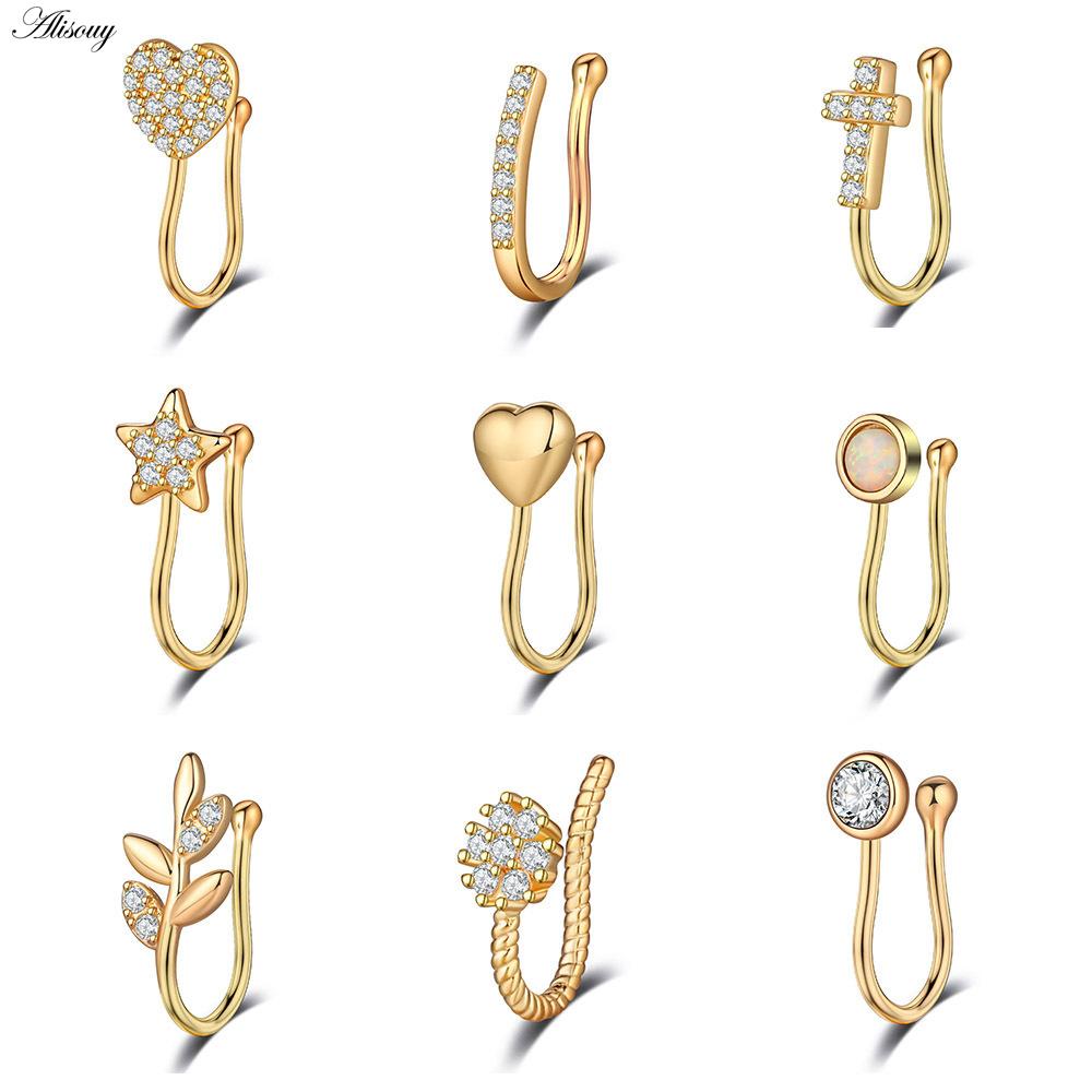Alisouy 1pc Zirconia Fake Piercing Clip Nose Ring Body Jewelry for Women Ear Cuffs Heart Cross Star Leaf Flowers Clip Nose Rings
