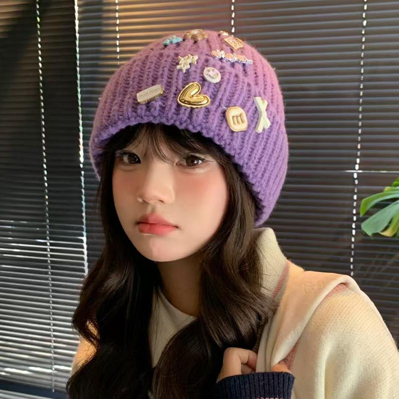 Korean version designer knitted hat children's sweet button face small wool hat autumn and winter bag head warm cold hat
