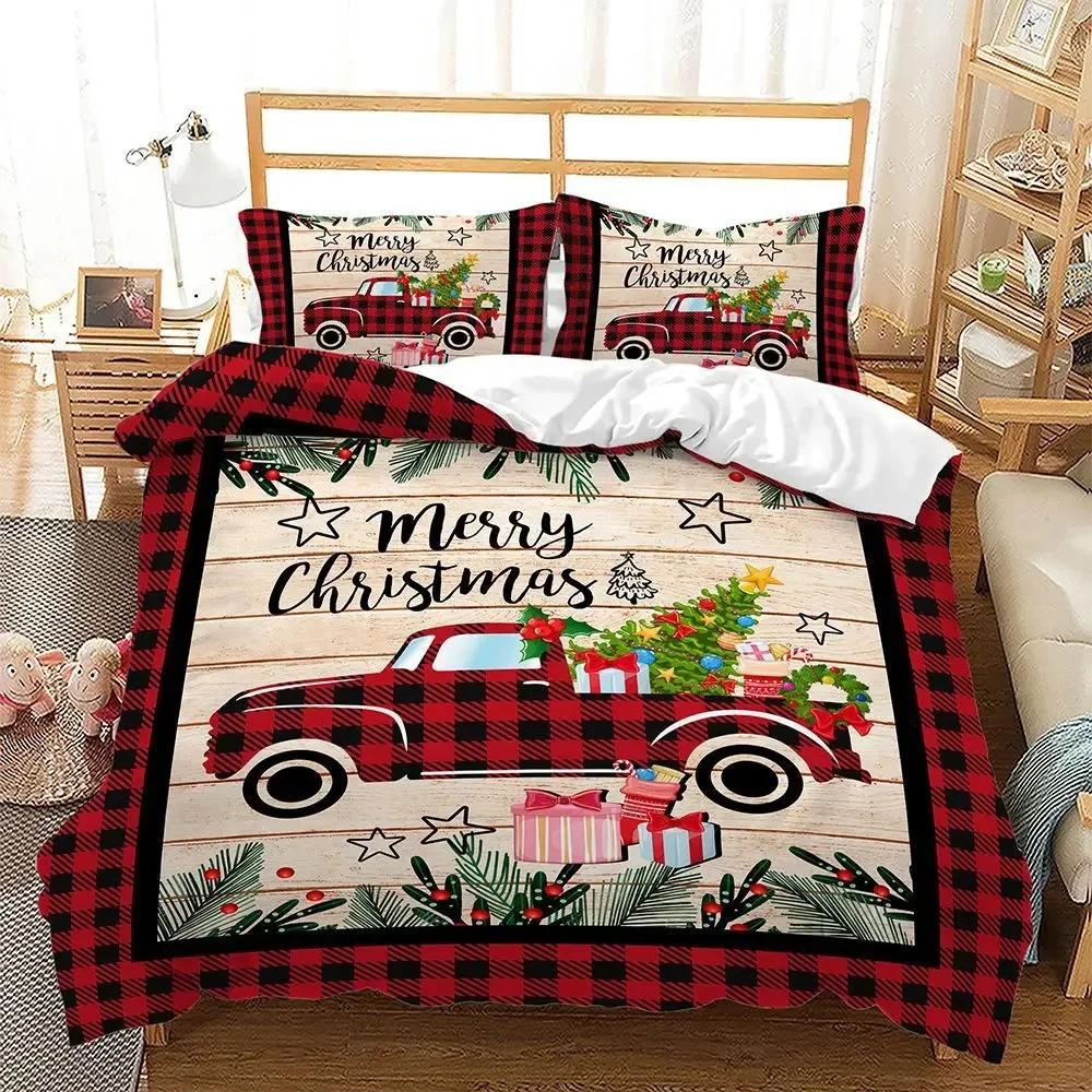 Navidad Plaid Merry Christmas Tree Duvet Cover Twin King Festival Santa Deer Bedding Set Polyester Quilt For Adults Home Decor