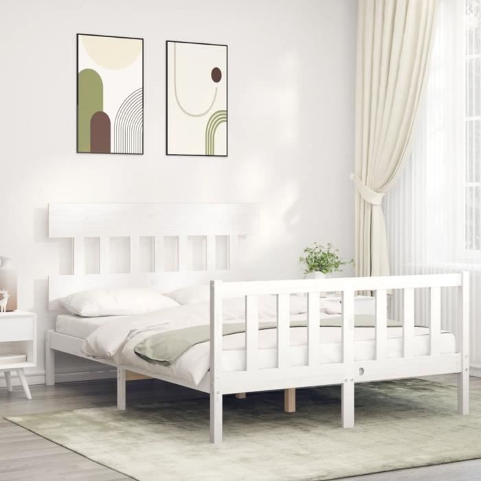 VidaXL Cadre de lit avec tête de lit blanc 140x200 cm bois massif 3193337