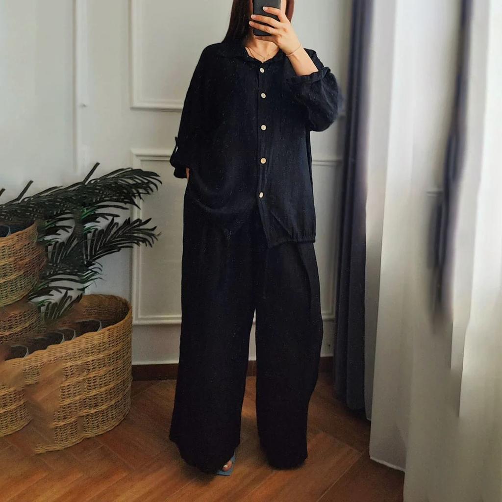 Women's Casual Solid Color Long Sleeve Shirts Cotton Linen Pants Suit