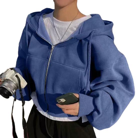 

Женская укороченная толстовка на молнии с кулиской, с длинными рукавами, укороченная толстовка, осенняя повседневная куртка с капюшоном и карманами XL синий