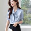 Women Bow Tie Satin Blouse V Neck Short Sleeve Office Wear Solid Color Shirt